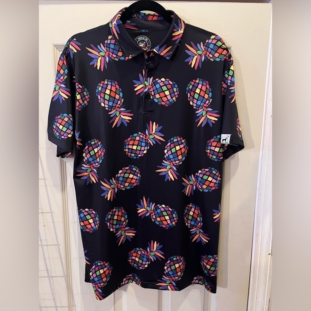 Proud 90 Golf Polo Shirt Black Neon Tropical Pineapple Colorful
